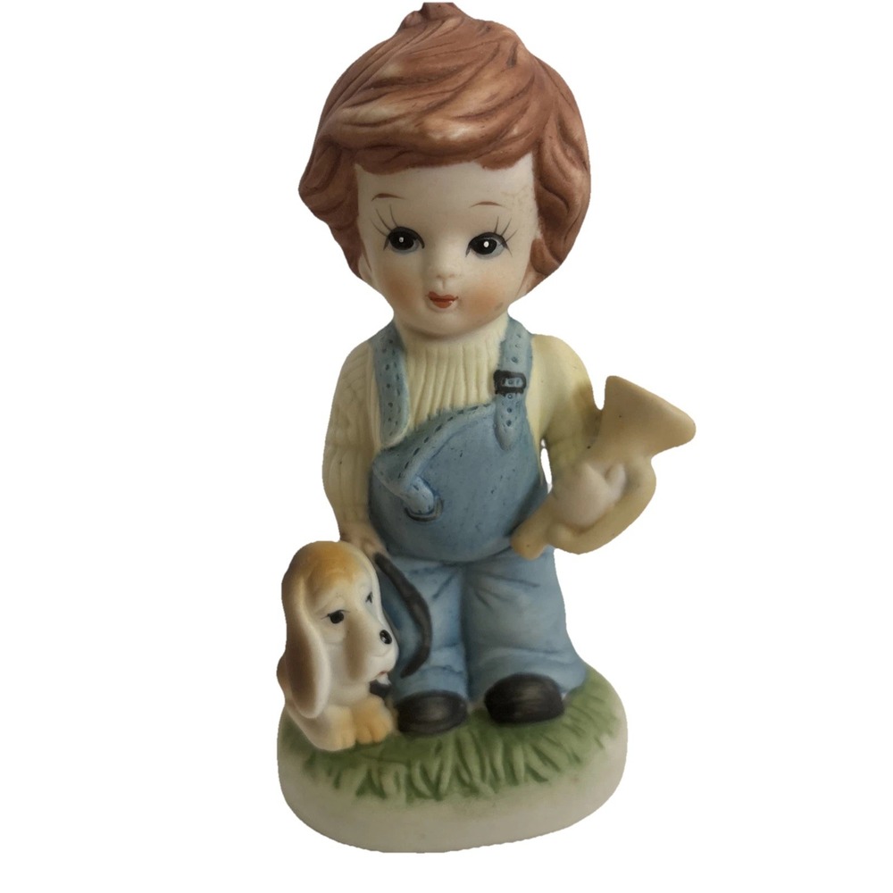Ardco Ceramic Redhead Boy Holding a Trumpet with his Dog Figure‎ Vintage Taiwan